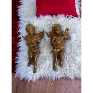 2 Christmas Angel Ornaments Music Instruments Gold Glitter Vintage 60s Hong Kong